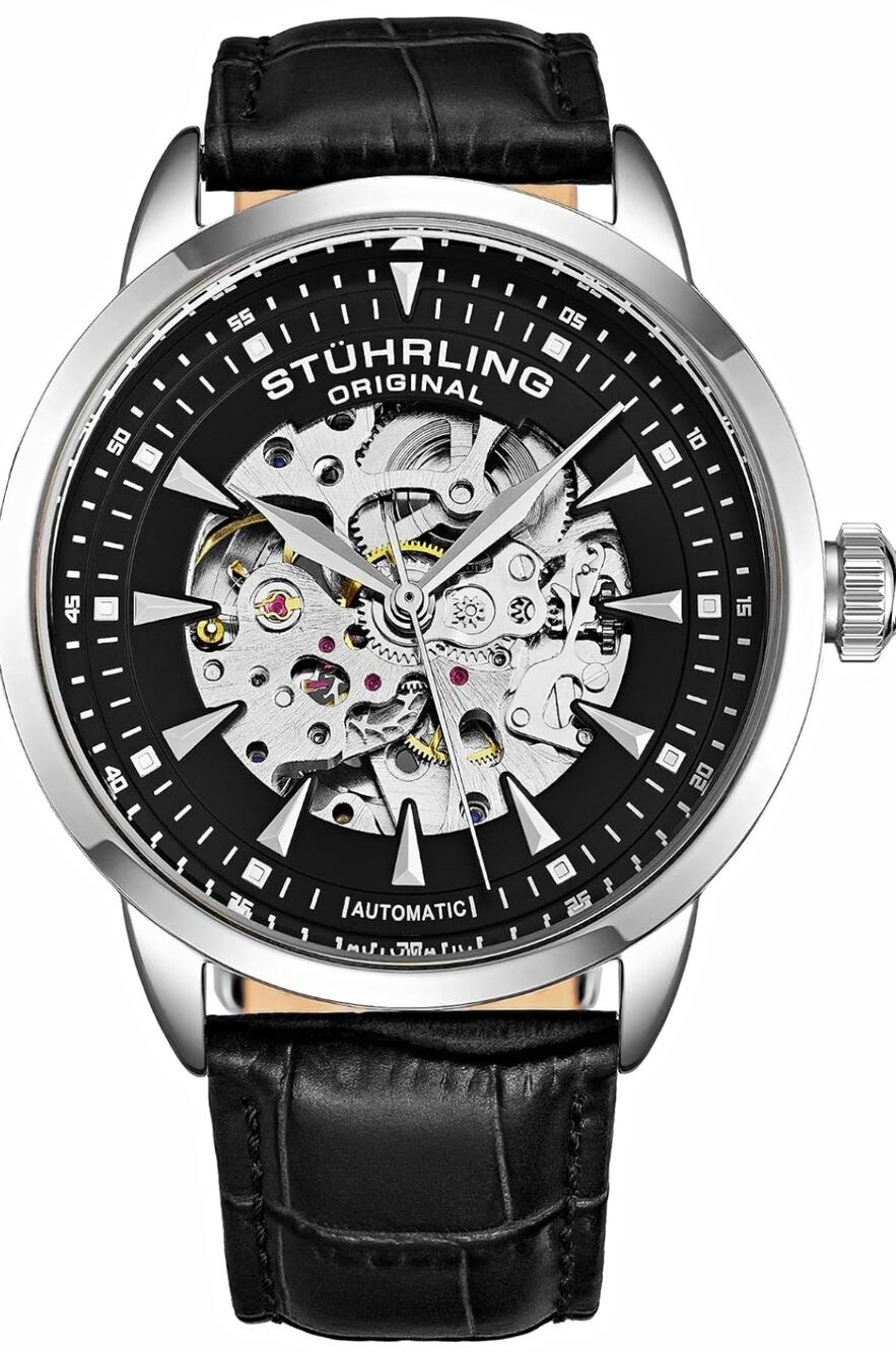 Stuhrling Original Men's Automatic Skeleton Dial SS Black Leather Strap 50m